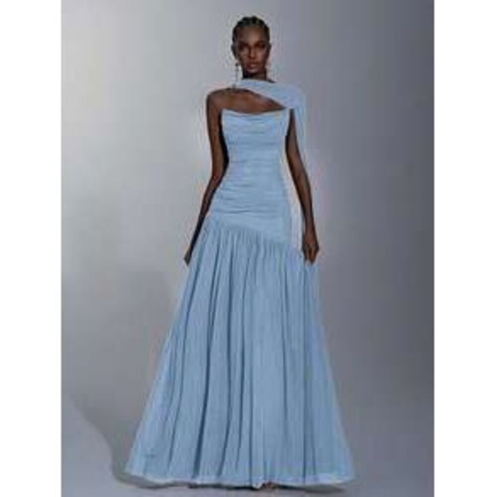 Elitara Elegant Blue Minimalist High-Elastic Mesh Strapless Ruched Waist A-Line…
